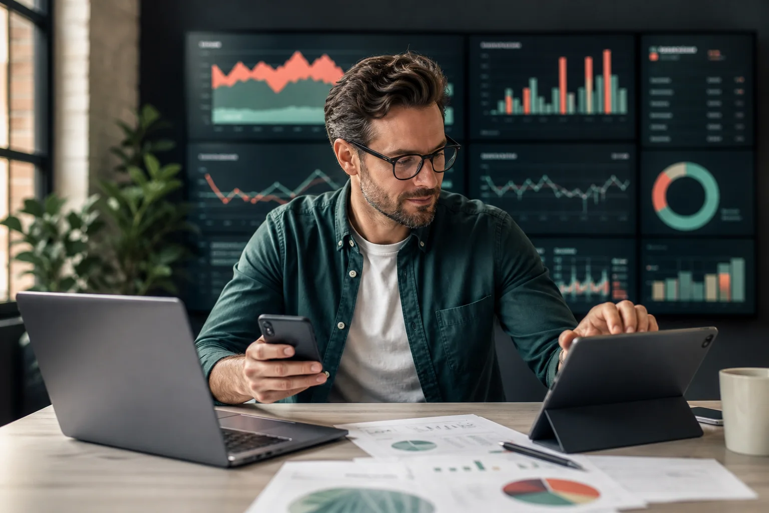 Digital growth strategist coordinating campaign performance across multiple devices