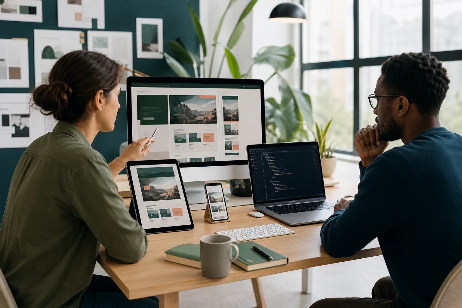 Designer and developer collaborating on a responsive website across devices